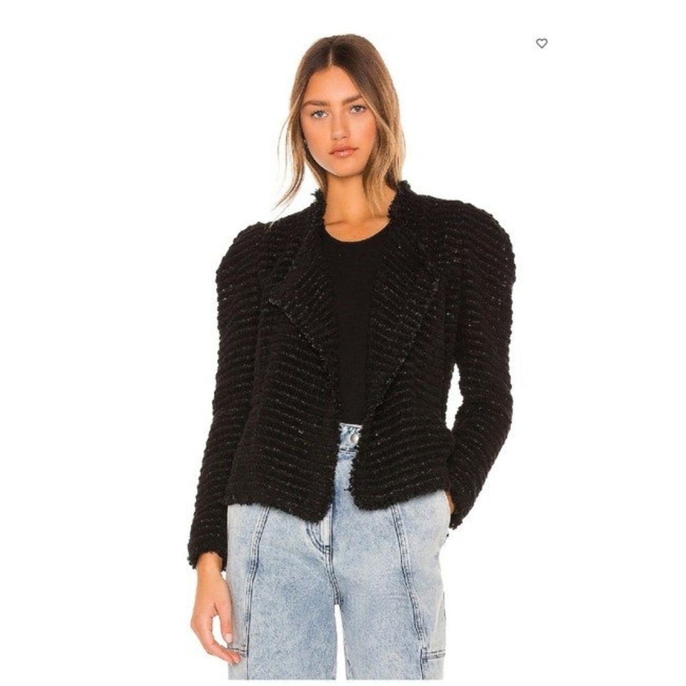 IRO Paris Siana Black Boucle Draped Open Front Jacket Frayed Edge Size 40‎ US 8